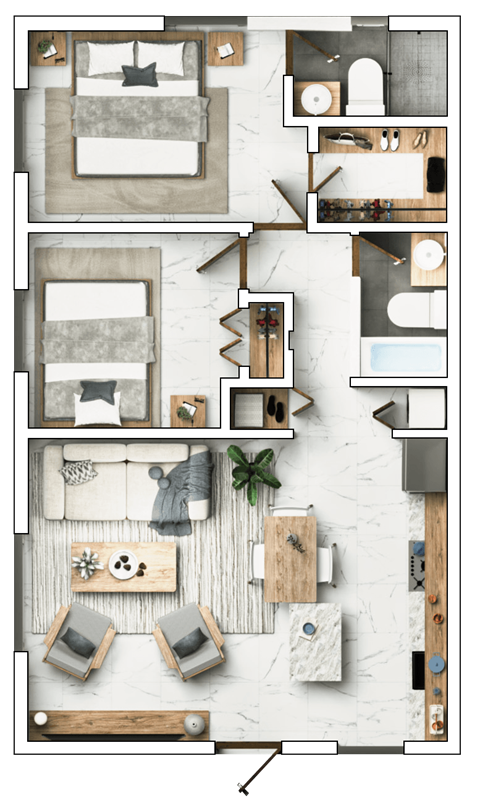 A floor plan of a house with a bedroom, living room, and kitchen.